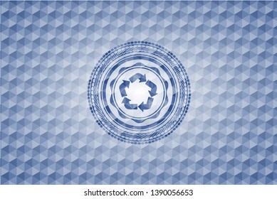 recycle icon inside blue badge with geometric pattern background.
