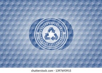 recycle icon inside blue badge with geometric pattern background.
