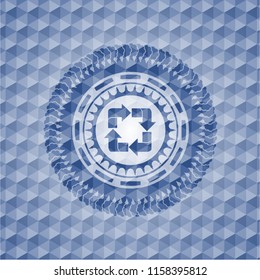 recycle icon inside blue emblem or badge with abstract geometric polygonal pattern background.