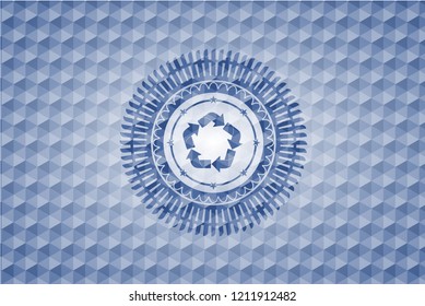 recycle icon inside blue emblem or badge with abstract geometric polygonal pattern background.