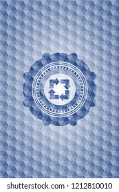 recycle icon inside blue emblem with geometric background.