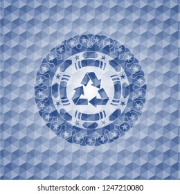 recycle icon inside blue emblem or badge with geometric pattern background.