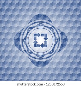 recycle icon inside blue emblem with geometric pattern.