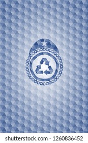 recycle icon inside blue emblem or badge with abstract geometric polygonal pattern background.
