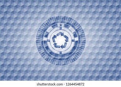 recycle icon inside blue emblem with geometric pattern.