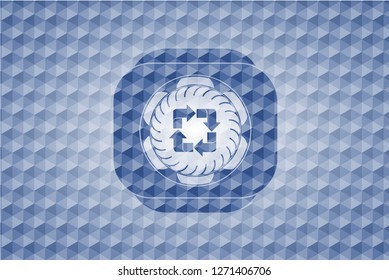 recycle icon inside blue emblem with geometric pattern background.