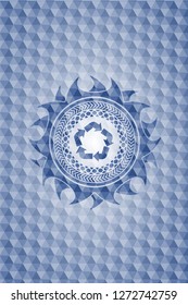 recycle icon inside blue emblem or badge with geometric pattern background.