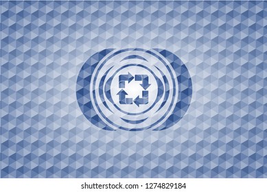 recycle icon inside blue emblem with geometric background.