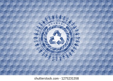 recycle icon inside blue emblem or badge with abstract geometric pattern background.