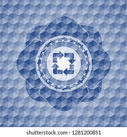 recycle icon inside blue emblem or badge with abstract geometric polygonal pattern background.