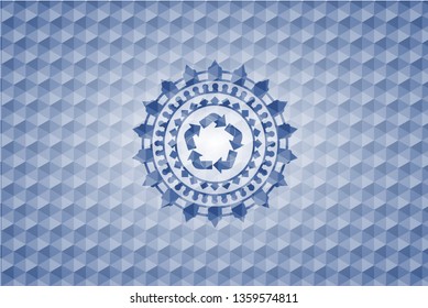 recycle icon inside blue emblem with geometric pattern background.