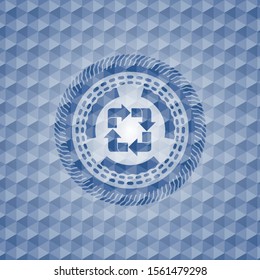 recycle icon inside blue emblem or badge with geometric pattern background.