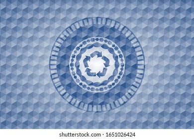 recycle icon inside blue emblem with geometric pattern.