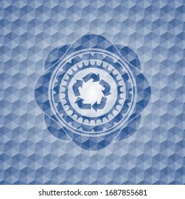 recycle icon inside blue emblem or badge with abstract geometric polygonal pattern background.
