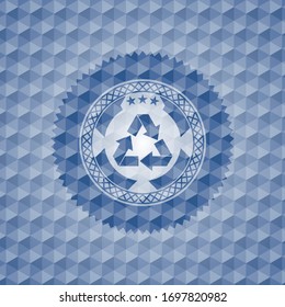 recycle icon inside blue emblem with geometric background.