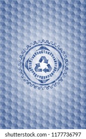 recycle icon inside blue hexagon emblem.