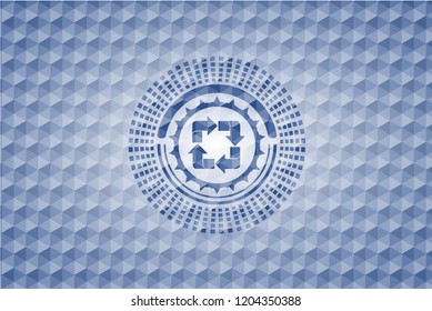 recycle icon inside blue hexagon badge.
