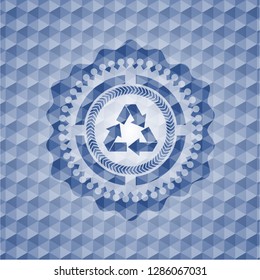 recycle icon inside blue hexagon badge.