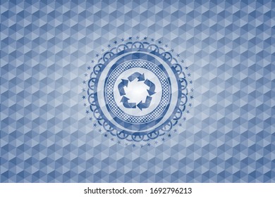 recycle icon inside blue hexagon badge. 