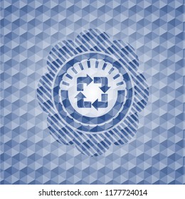 recycle icon inside blue polygonal emblem.