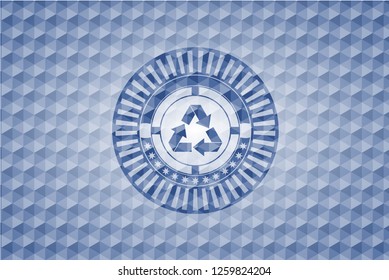 recycle icon inside blue polygonal emblem.