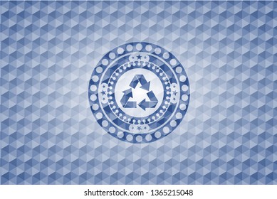 recycle icon inside blue polygonal emblem.