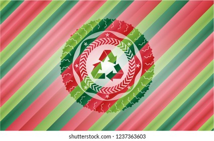recycle icon inside christmas colors style emblem.