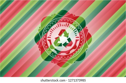 recycle icon inside christmas colors badge.
