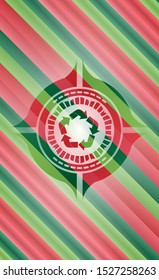 recycle icon inside christmas colors badge.