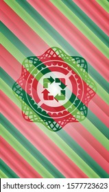 recycle icon inside christmas colors style badge.
