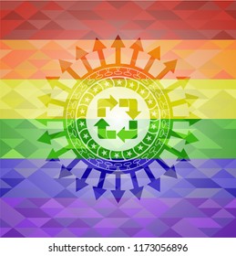 recycle icon inside emblem on mosaic background with the colors of the LGBT flag