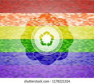 recycle icon inside emblem on mosaic background with the colors of the LGBT flag