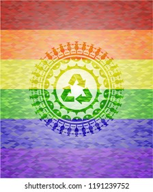 recycle icon inside emblem on mosaic background with the colors of the LGBT flag