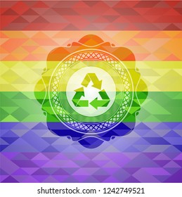 recycle icon inside emblem on mosaic background with the colors of the LGBT flag