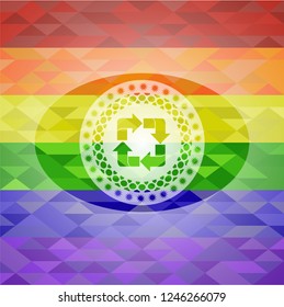 recycle icon inside emblem on mosaic background with the colors of the LGBT flag