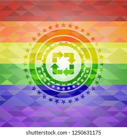 recycle icon inside emblem on mosaic background with the colors of the LGBT flag