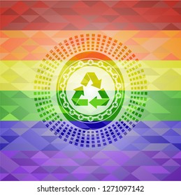recycle icon inside emblem on mosaic background with the colors of the LGBT flag