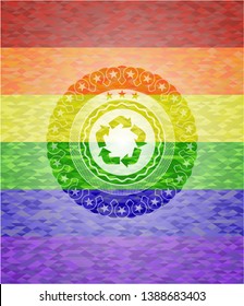 recycle icon inside emblem on mosaic background with the colors of the LGBT flag