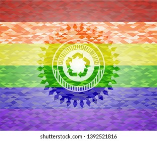 recycle icon inside emblem on mosaic background with the colors of the LGBT flag