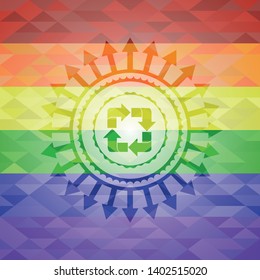 recycle icon inside emblem on mosaic background with the colors of the LGBT flag