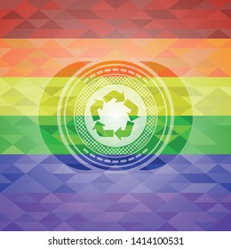 recycle icon inside emblem on mosaic background with the colors of the LGBT flag