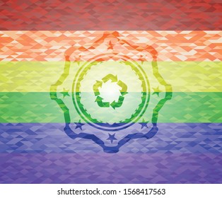 recycle icon inside emblem on mosaic background with the colors of the LGBT flag