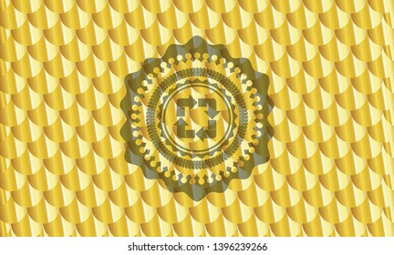 recycle icon inside gold emblem or badge. Scales pattern. Vector Illustration. Detailed.