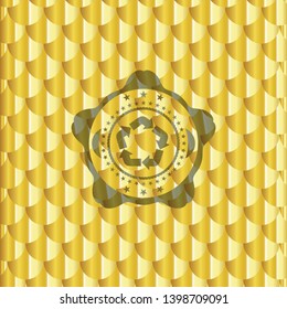 recycle icon inside gold emblem or badge. Scales pattern. Vector Illustration. Detailed.