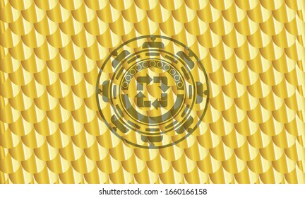 icono de reciclaje dentro del emblema de oro o de la placa. Patrón de escalas. Ilustración vectorial. Detallado.