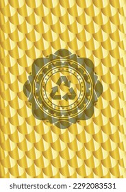recycle icon inside gold shiny badge. Scales pattern. Vector Illustration. Detailed. 