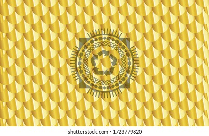 recycle icon inside golden badge. Scales pattern. Vector Illustration. Detailed. 
