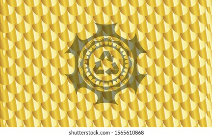 recycle icon inside golden emblem or badge. Scales pattern. Vector Illustration. Detailed.