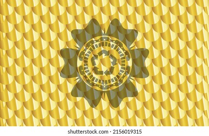 recycle icon inside golden emblem. Scales pattern. Vector Illustration. Detailed. 