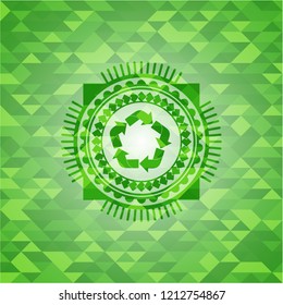 recycle icon inside green emblem with mosaic ecological style background